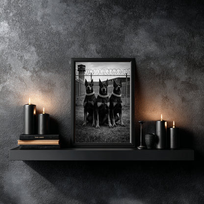 Black and white Doberman trio wall art framed on floating shelf with black candles, dramatic modern gothic wall decor
