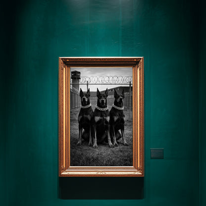 Black and white Doberman trio wall art in ornate gold frame on teal gallery wall, modern statement dog print
