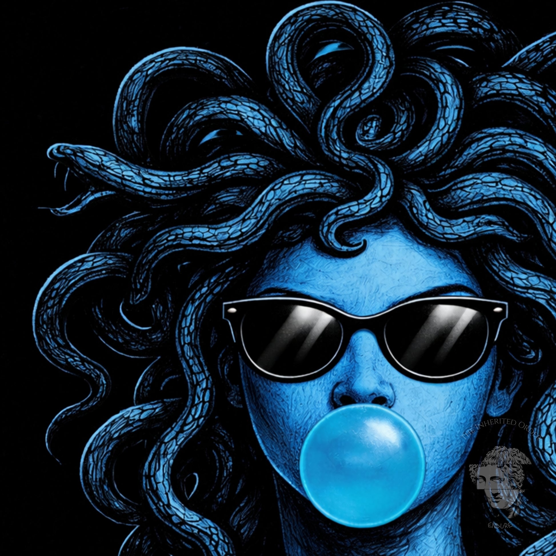 Surreal Medusa snake hair portrait pop art close crop blue high contrast graphic vertical statement artwork
