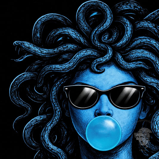 Surreal Medusa snake hair portrait pop art close crop blue high contrast graphic vertical statement artwork