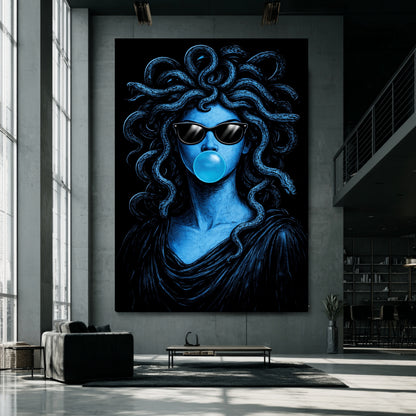 Large Modern Medusa wall art on oversized concrete loft wall, bold blue surreal snake pop art statement artwork
