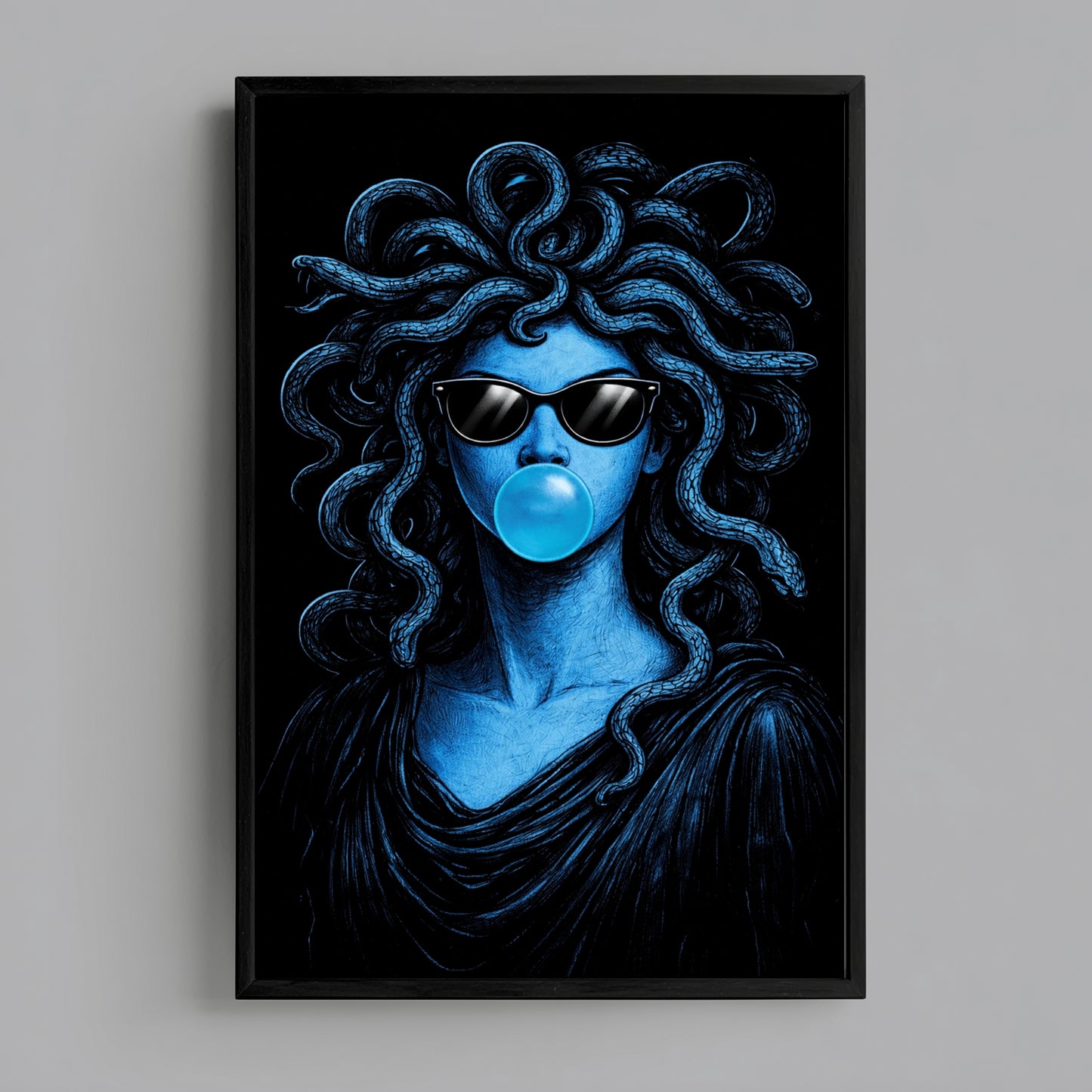Modern Medusa wall art print centered on grey wall product mockup, blue surreal snake pop art portrait decor