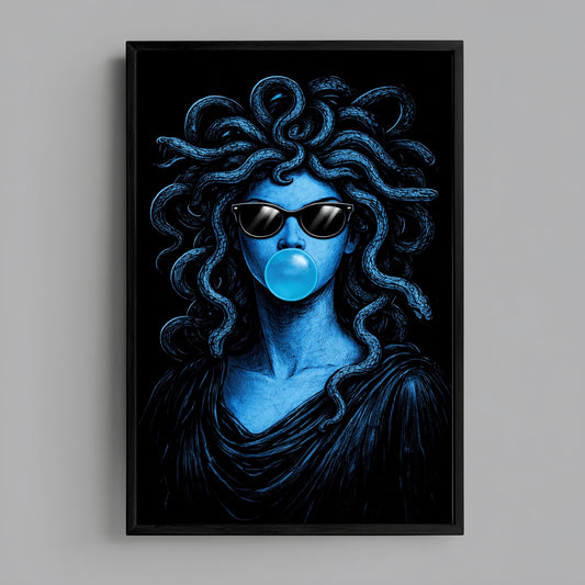 Modern Medusa wall art print centered on grey wall product mockup, blue surreal snake pop art portrait decor
