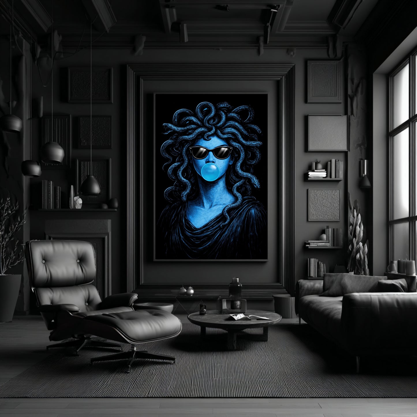 Modern Medusa wall art surreal snake portrait pop art blue vertical statement artwork displayed in black luxury interior bold contemporary focal wall decor