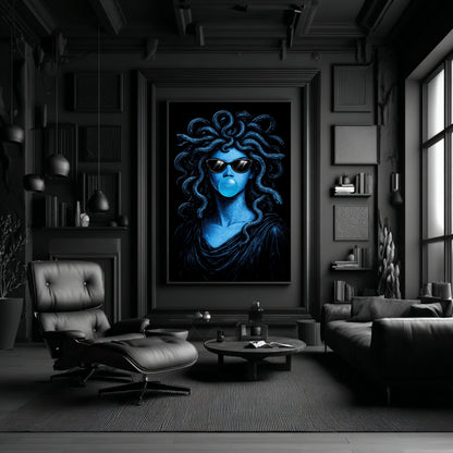 Modern Medusa wall art surreal snake portrait pop art blue vertical statement artwork displayed in black luxury interior bold contemporary focal wall decor