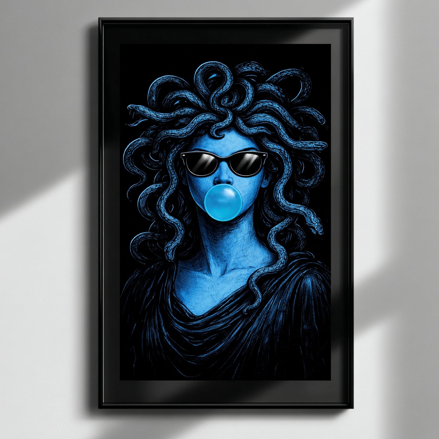 Modern Medusa wall art surreal snake portrait pop art blue vertical artwork displayed in soft beige minimalist interior modern statement wall decor