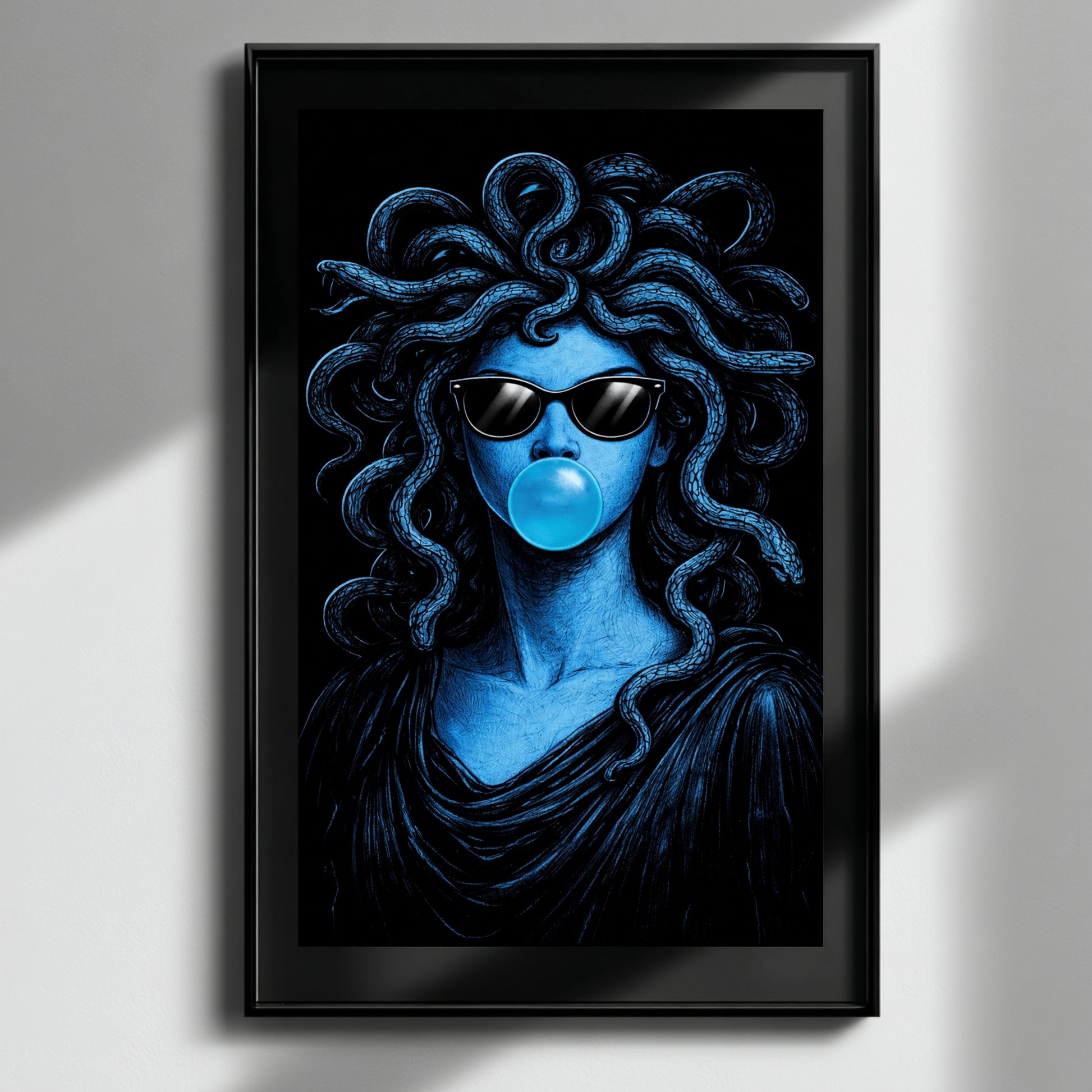 Modern Medusa wall art surreal snake portrait pop art blue vertical artwork displayed in soft beige minimalist interior modern statement wall decor