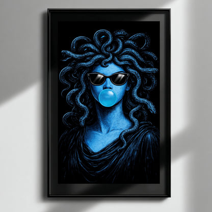 Modern Medusa wall art surreal snake portrait pop art blue vertical artwork displayed in soft beige minimalist interior modern statement wall decor