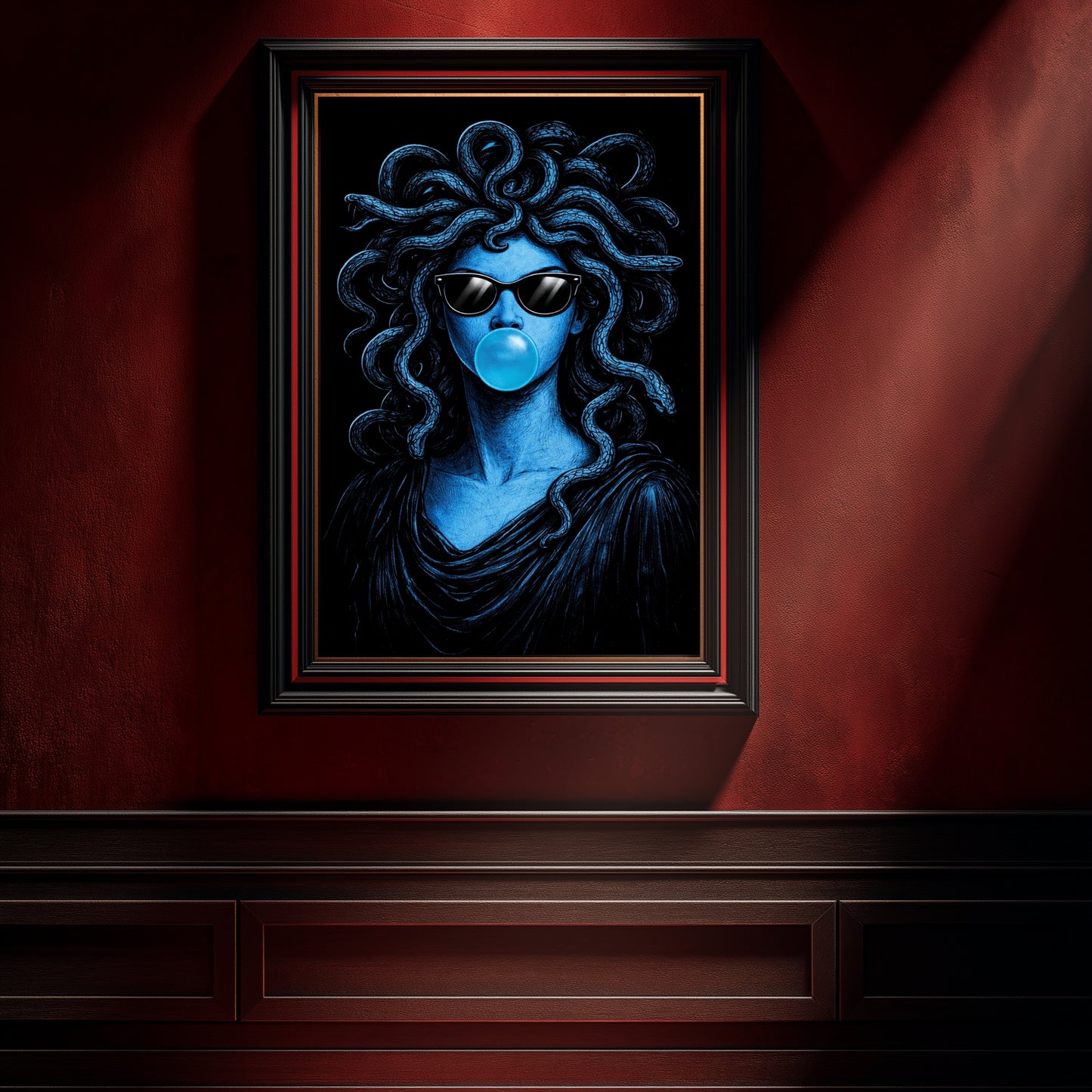 Modern Medusa wall art surreal snake portrait pop art blue high contrast statement print displayed in dramatic red interior modern surreal gallery decor