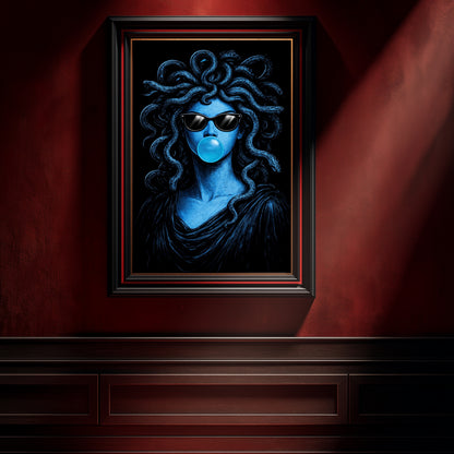 Modern Medusa wall art surreal snake portrait pop art blue high contrast statement print displayed in dramatic red interior modern surreal gallery decor