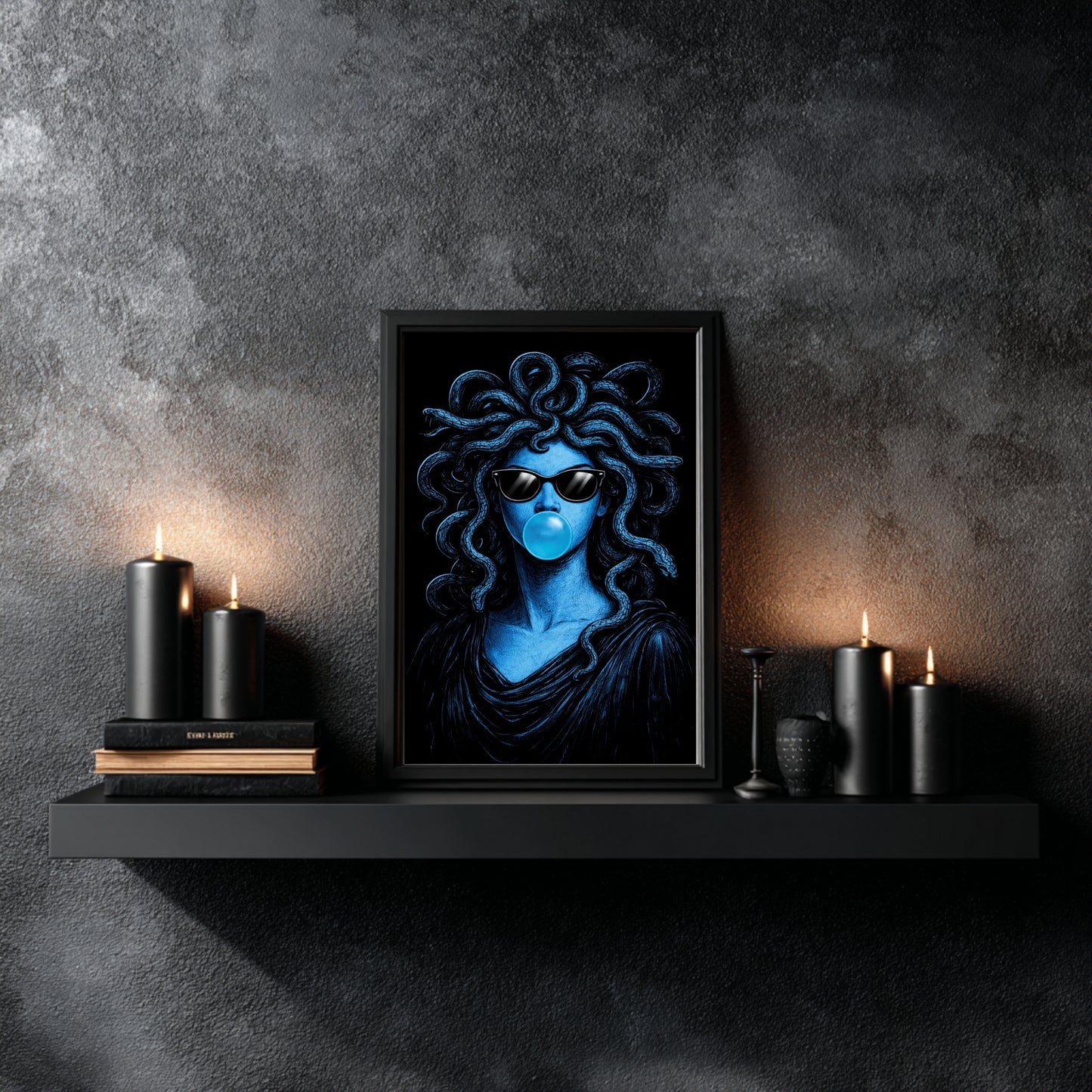 Modern Medusa wall art surreal snake portrait pop art blue statement print displayed above decorative shelf in contemporary living room interior bold feminine gallery wall decor