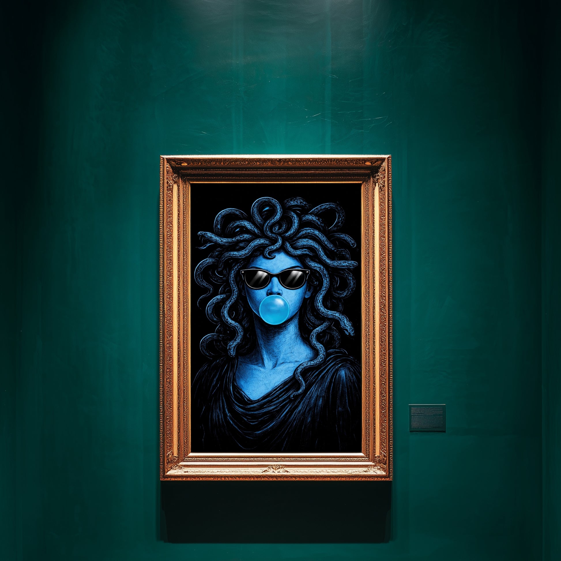 Modern Medusa wall art surreal snake portrait pop art vertical blue statement artwork displayed in emerald green luxury interior bold contemporary wall decor
