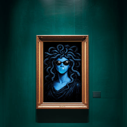 Modern Medusa wall art surreal snake portrait pop art vertical blue statement artwork displayed in emerald green luxury interior bold contemporary wall decor