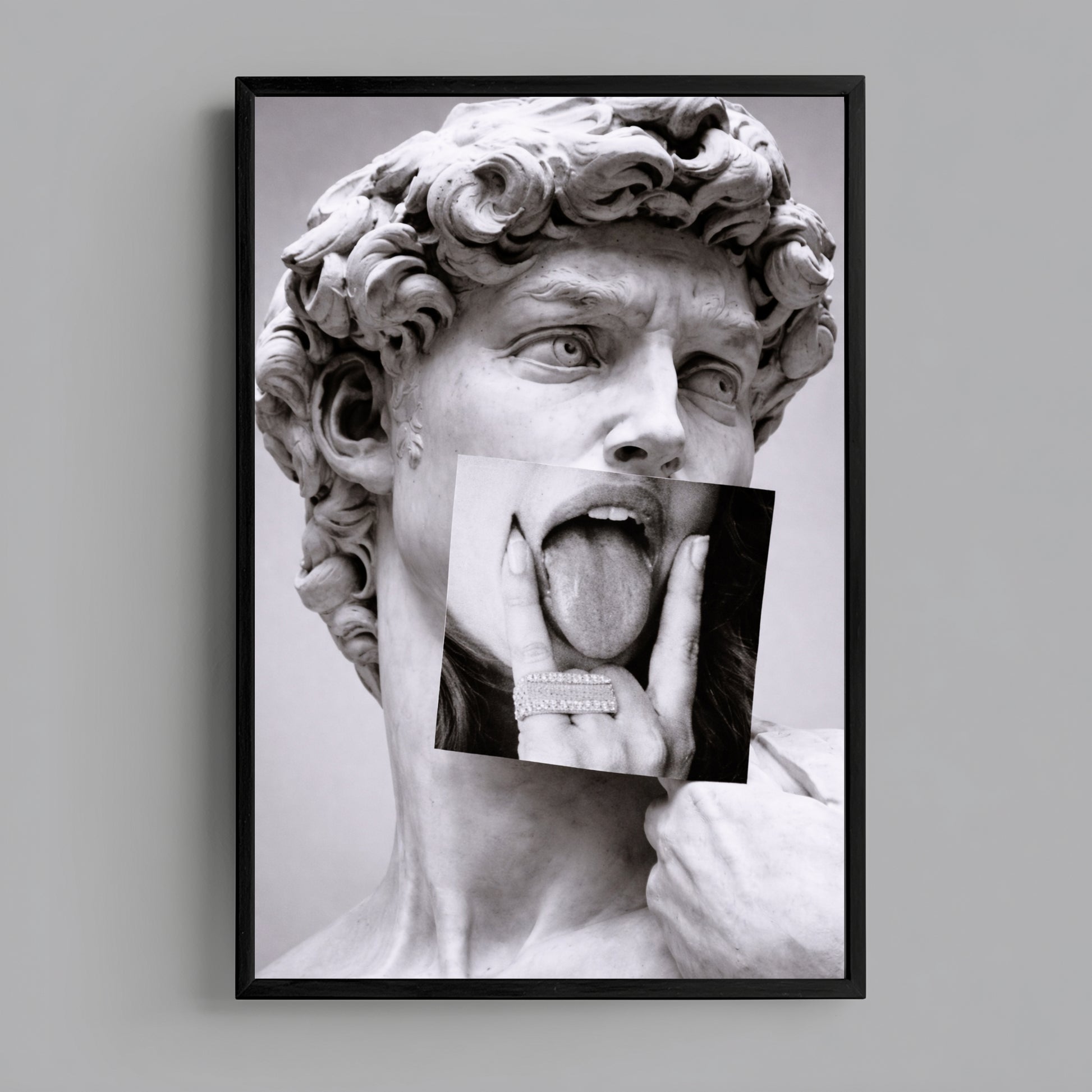 Classical statue collage wall art print centered on grey wall product mockup, modern black and white statement art decor