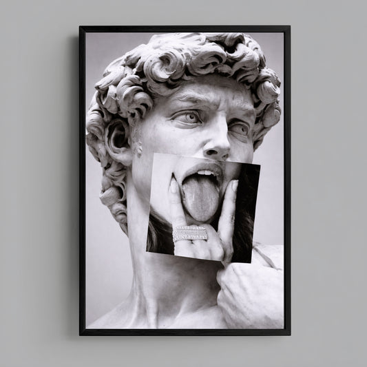 Classical statue collage wall art print centered on grey wall product mockup, modern black and white statement art decor