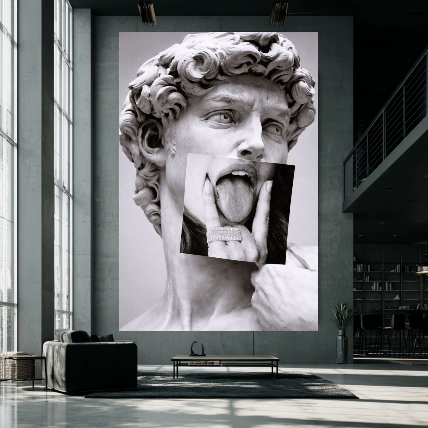 Large classical statue collage wall art on oversized concrete loft wall, modern black and white sculpture statement decor