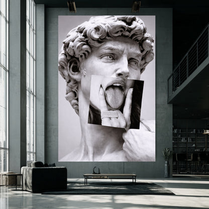 Large classical statue collage wall art on oversized concrete loft wall, modern black and white sculpture statement decor