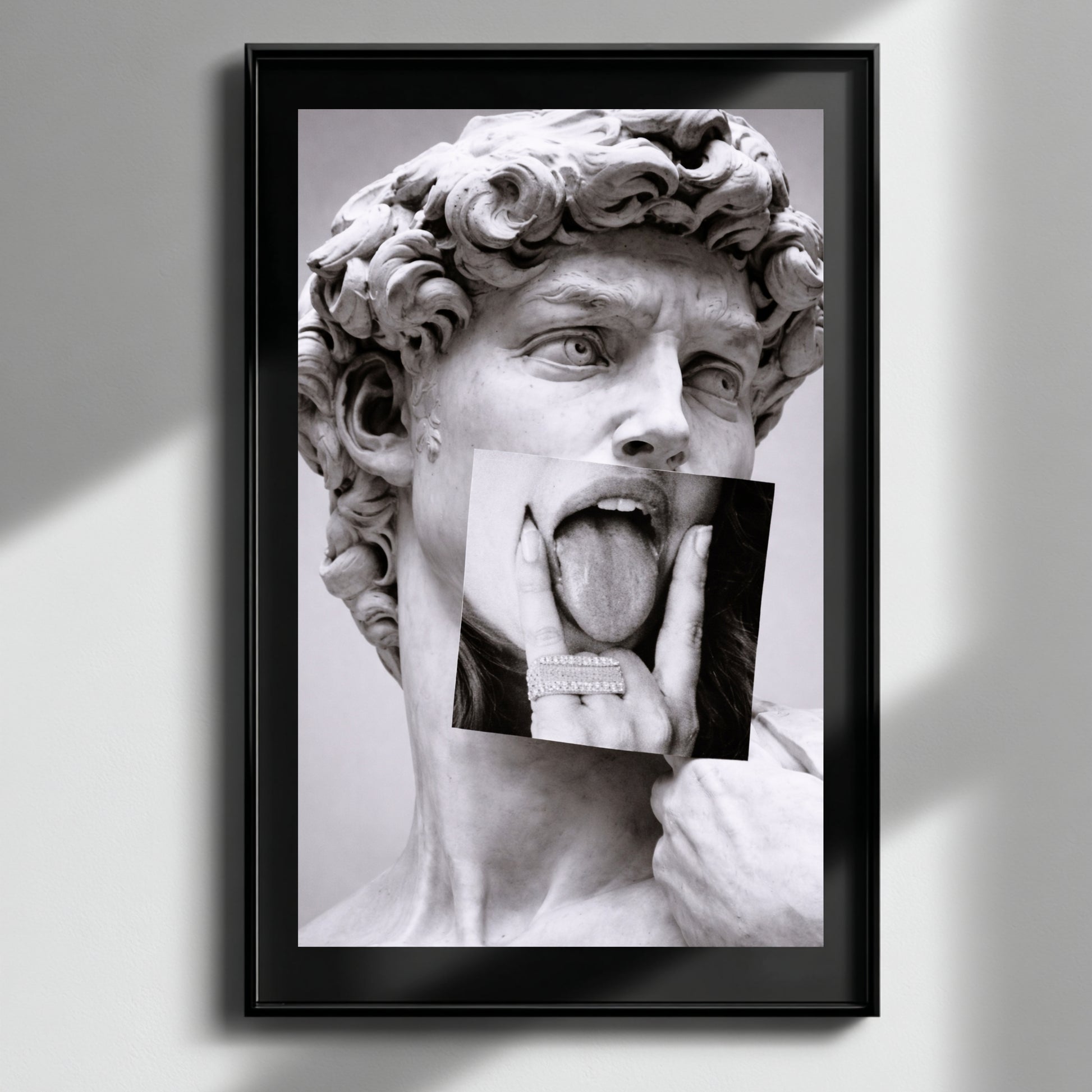 Classical statue collage wall art framed on minimal white wall, modern black and white statement art print decor