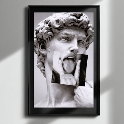 Classical statue collage wall art framed on minimal white wall, modern black and white statement art print decor
