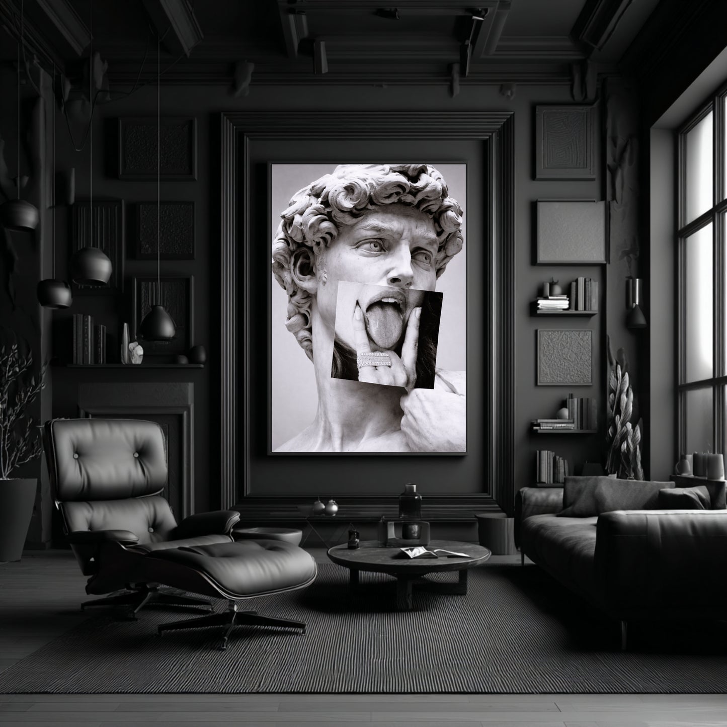 Black and white classical statue collage wall art in moody all black luxury living room, contemporary statement art decor