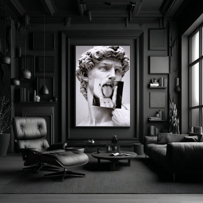 Black and white classical statue collage wall art in moody all black luxury living room, contemporary statement art decor