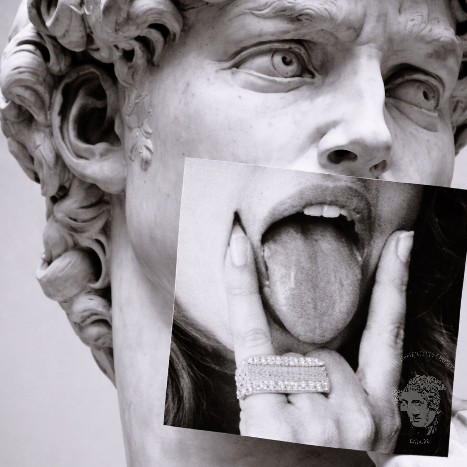 Close-up detail of classical statue collage wall art, modern black and white sculpture statement artwork