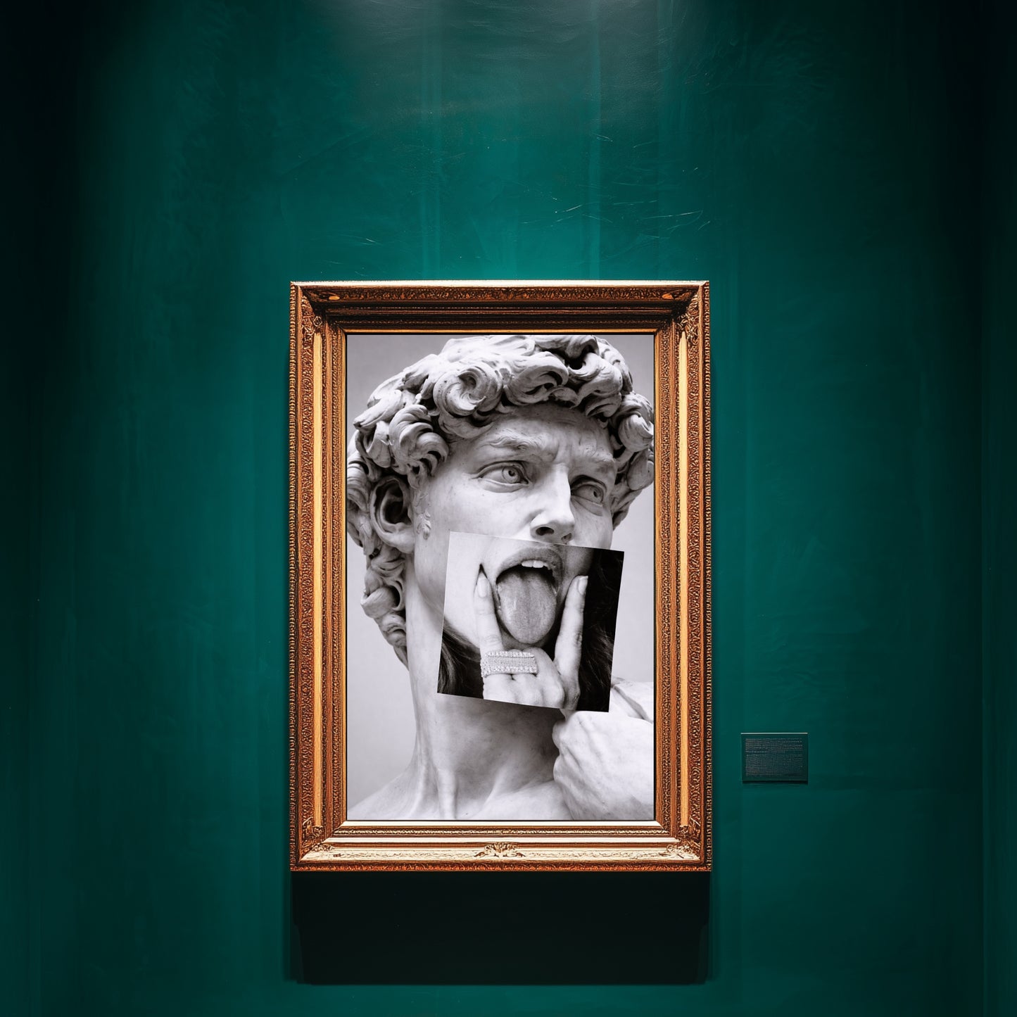 Classical statue collage wall art displayed in emerald green luxury gallery interior, modern black and white sculpture statement art print decor