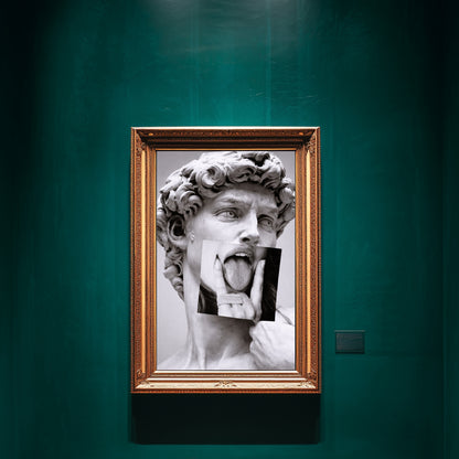 Classical statue collage wall art displayed in emerald green luxury gallery interior, modern black and white sculpture statement art print decor