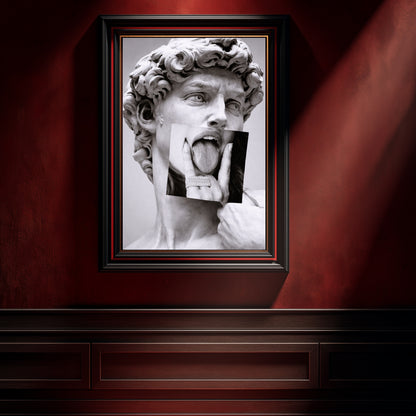 Classical statue collage wall art on dramatic red interior wall, modern black and white statement sculpture decor
