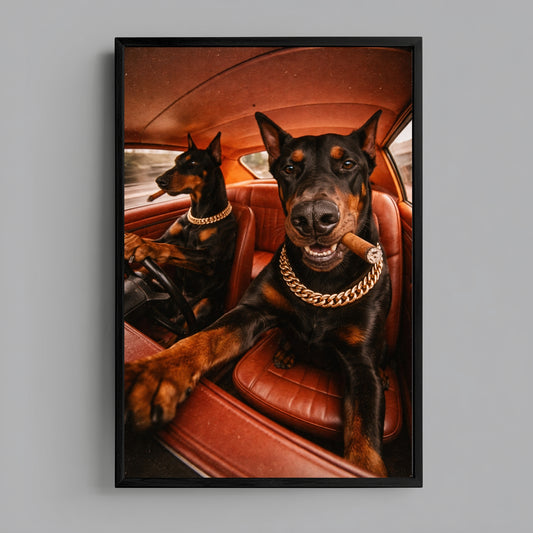 Framed Doberman dogs in vintage car wall art, cinematic dog photography print for office and man cave decor
