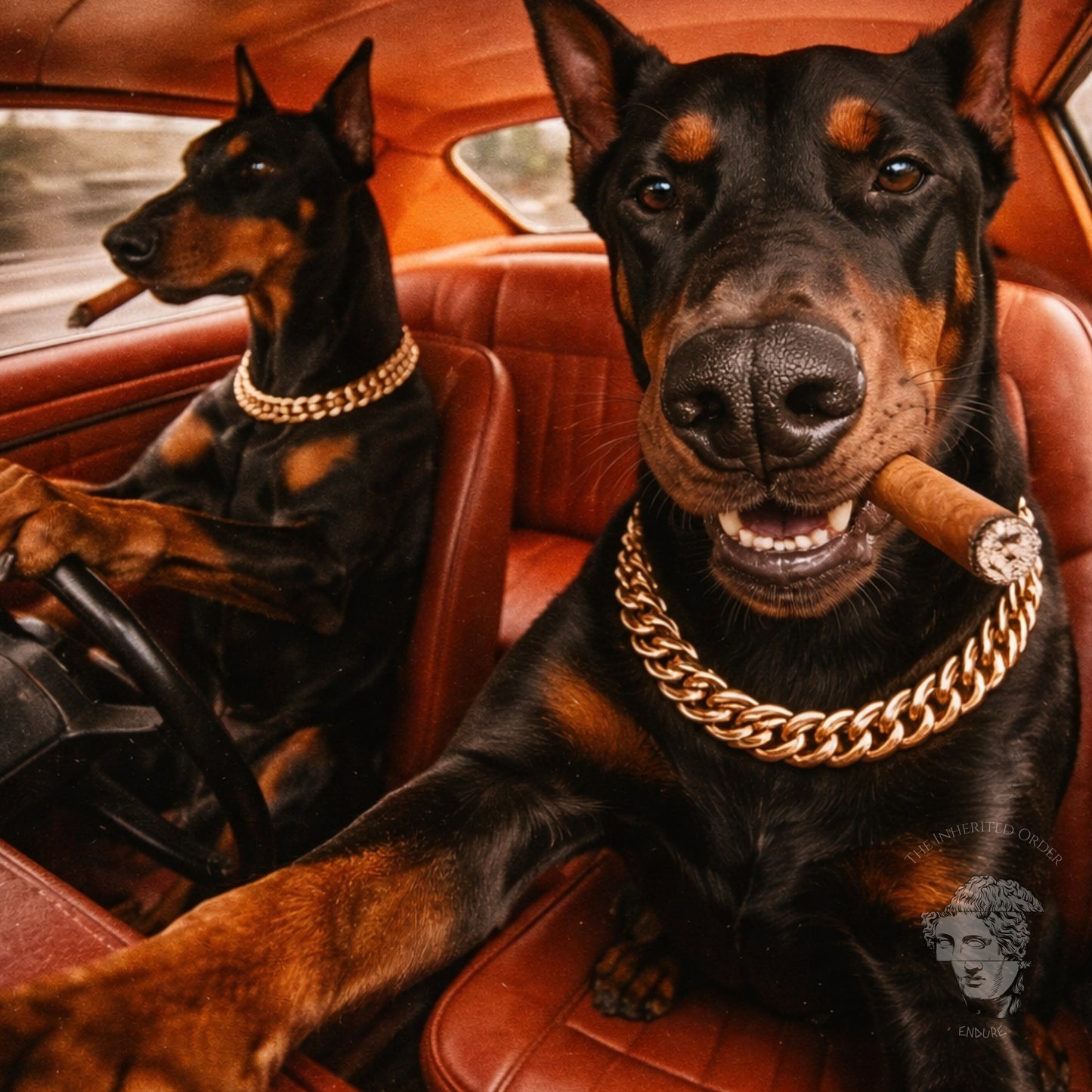 Doberman dogs in car wall art featuring two Dobermans in vintage car, cinematic dog statement artwork for modern wall decor