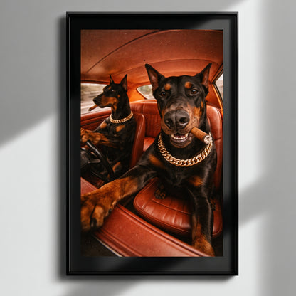 Doberman wall art print in black frame on minimalist white wall, contemporary dog statement artwork for modern home decor