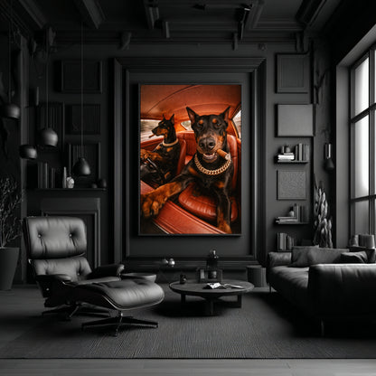 Large Doberman dogs wall art in modern black living room, cinematic animal photography statement wall decor for contemporary interior design