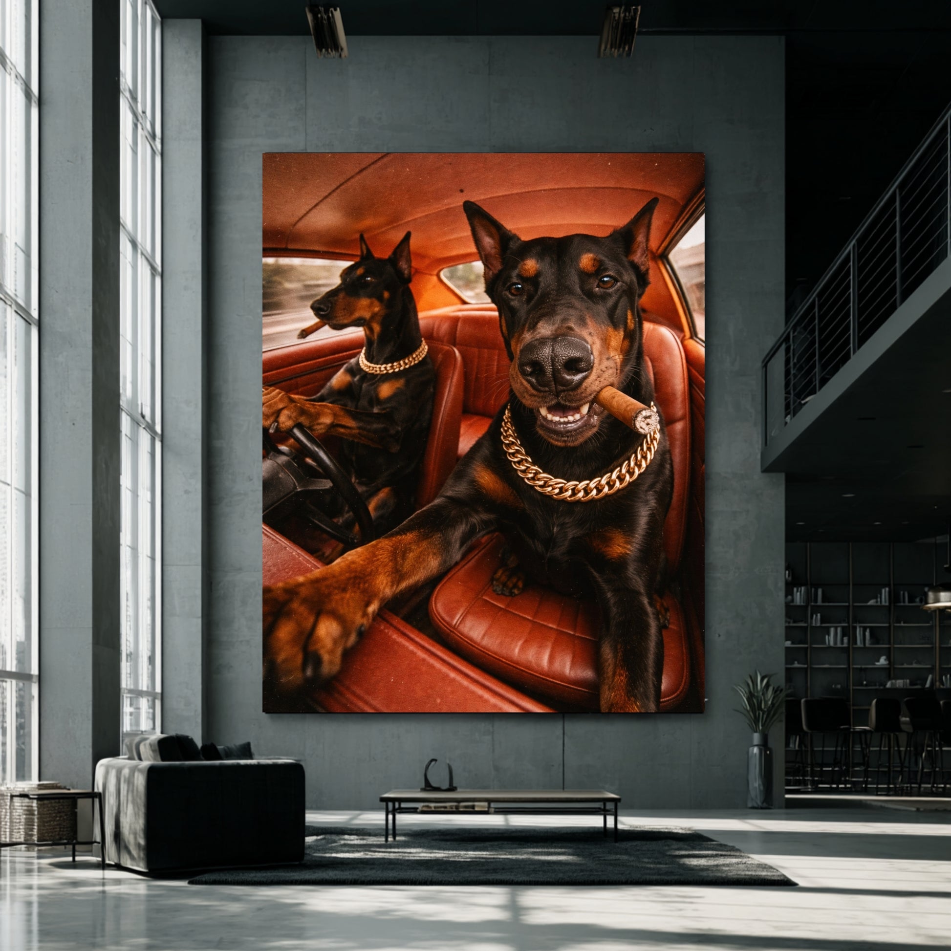 Large Doberman dogs canvas wall art in industrial loft interior, cinematic animal photography focal point decor