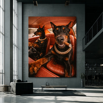 Large Doberman dogs canvas wall art in industrial loft interior, cinematic animal photography focal point decor