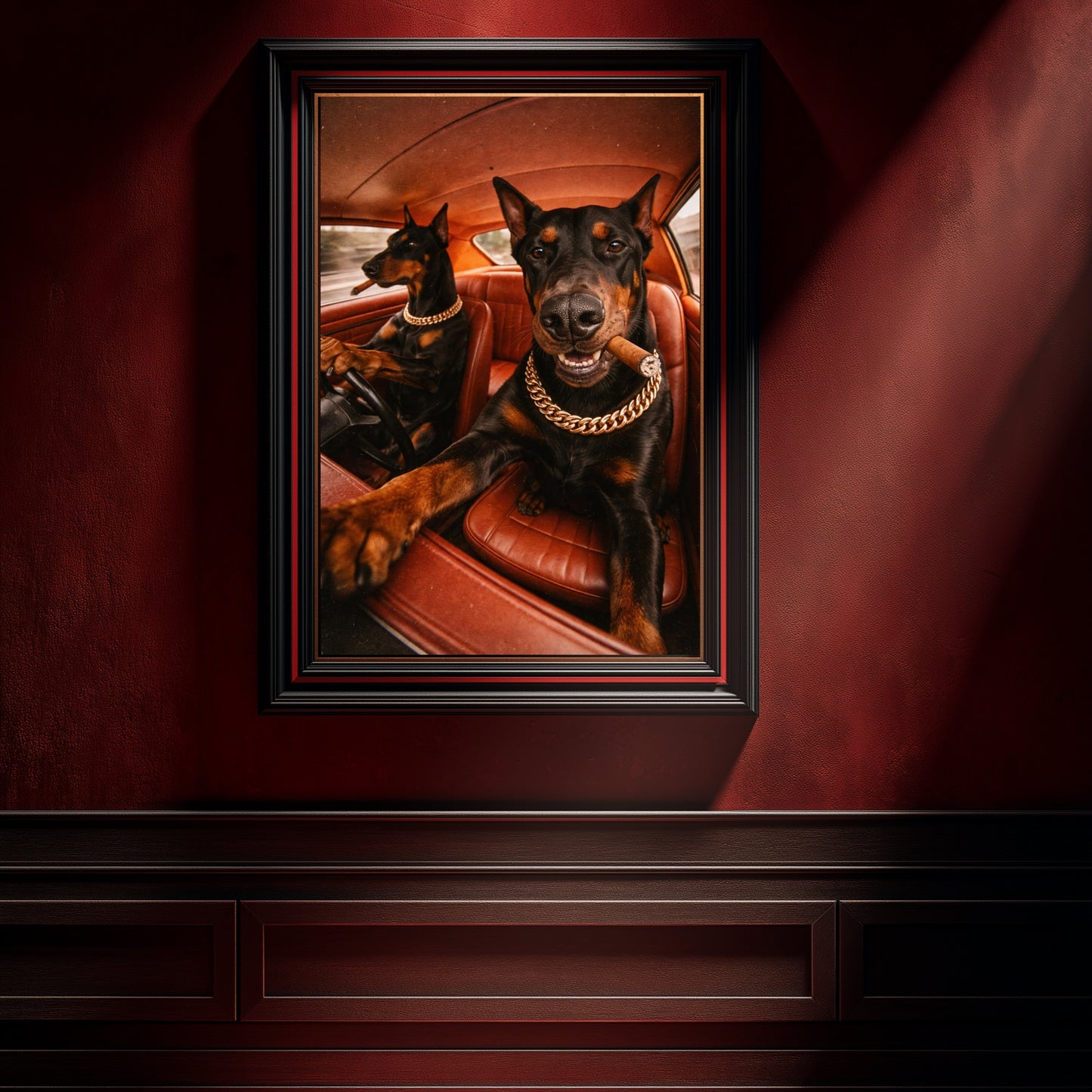 Doberman wall art print in black frame on deep red luxury wall, cinematic dog statement artwork for office, studio or man cave decor