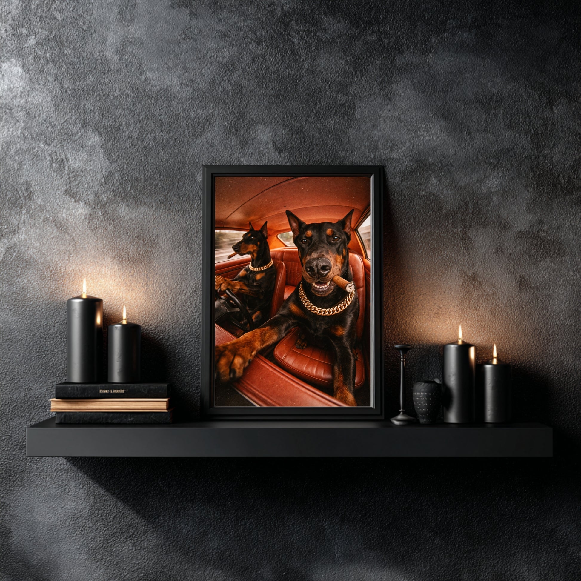 Doberman wall decor displayed on black floating shelf with candles, cinematic dog artwork for modern office, gym or masculine interior