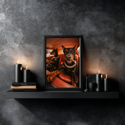 Doberman wall decor displayed on black floating shelf with candles, cinematic dog artwork for modern office, gym or masculine interior