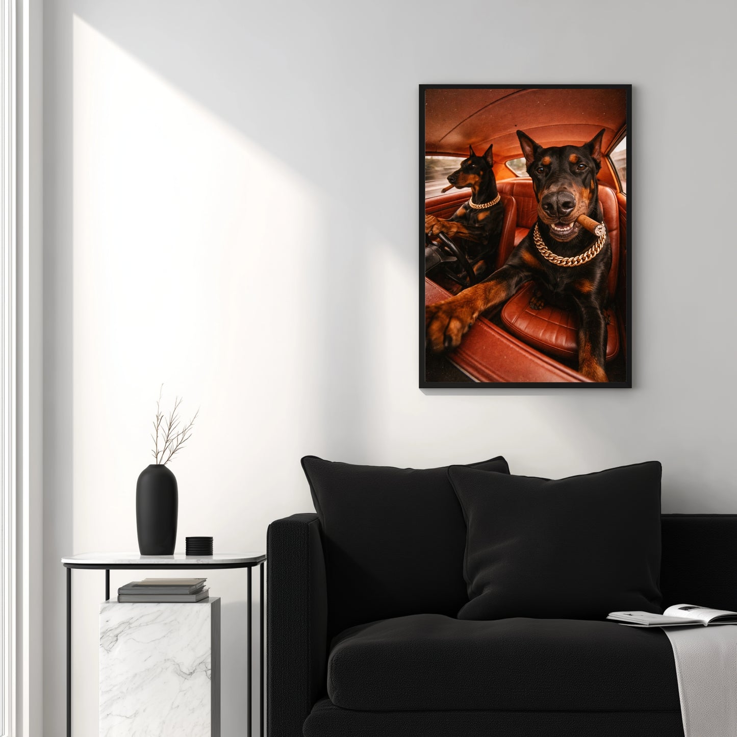 Doberman dog wall decor in black frame above modern lounge chair, cinematic dog artwork for contemporary living room