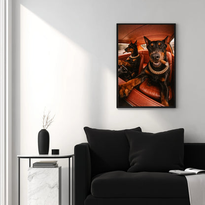 Doberman dog wall decor in black frame above modern lounge chair, cinematic dog artwork for contemporary living room