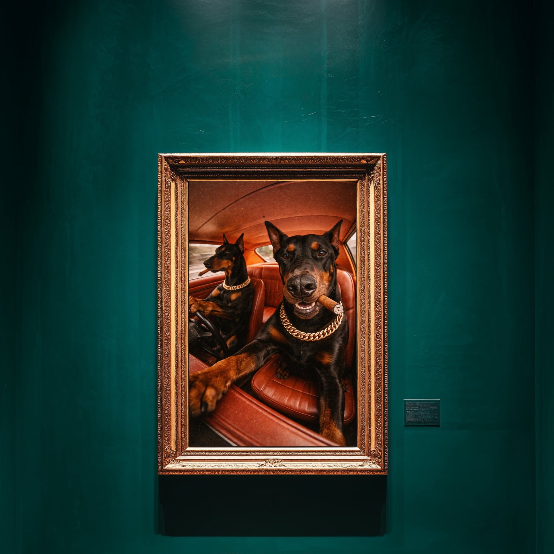 Doberman dogs in car wall art displayed in ornate gold frame on emerald green gallery wall, cinematic dog artwork statement piece for modern interior decor