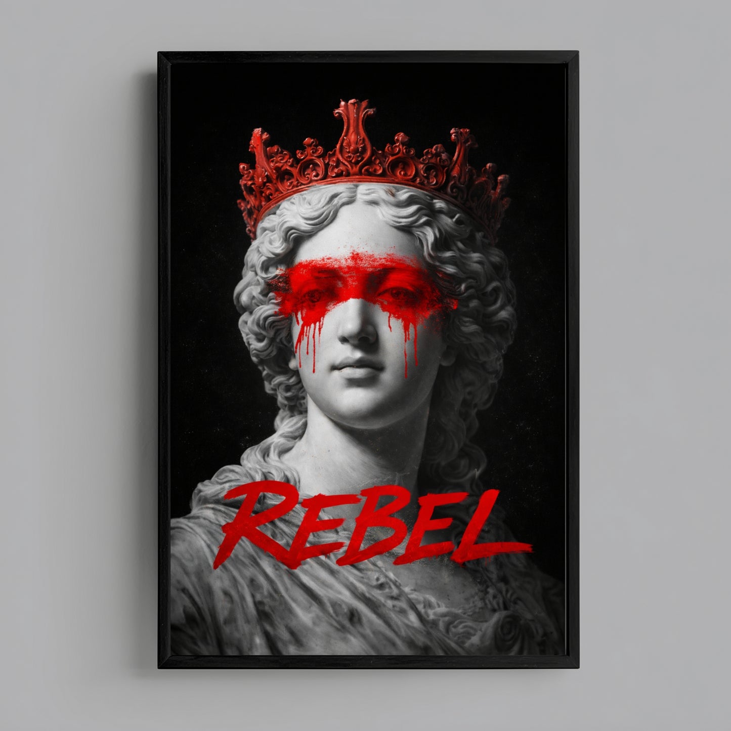Rebel classical statue wall art print centered on grey wall product mockup, contemporary protest marble female bust artwork decor