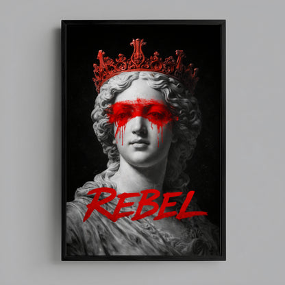 Rebel classical statue wall art print centered on grey wall product mockup, contemporary protest marble female bust artwork decor