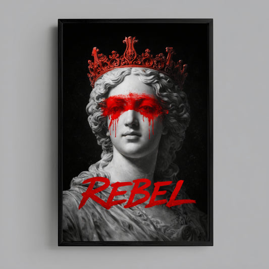 Rebel classical statue wall art print centered on grey wall product mockup, contemporary protest marble female bust artwork decor