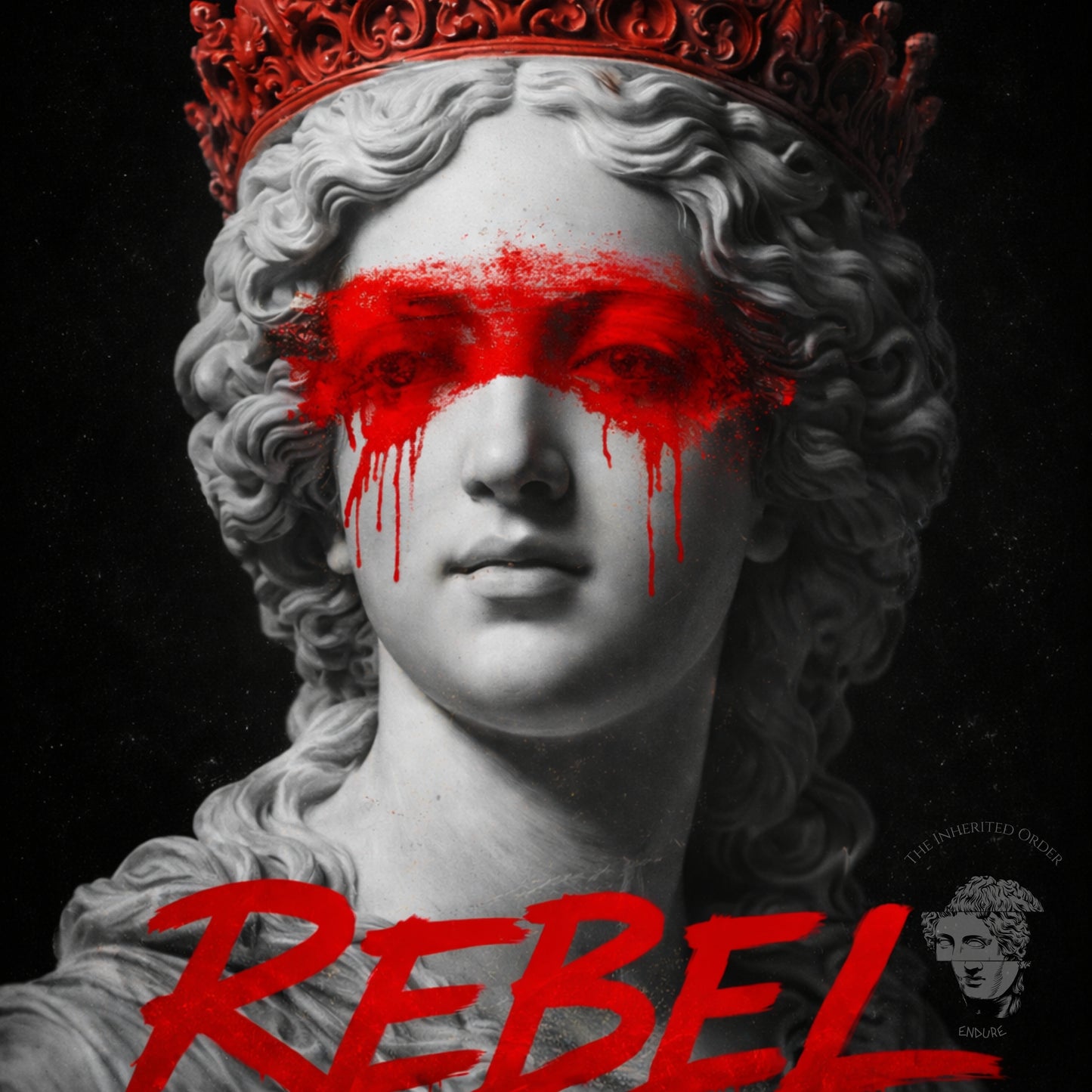 Close-up detail of rebel classical statue wall art, contemporary protest marble bust with red crown red paint eyes and REBEL lettering