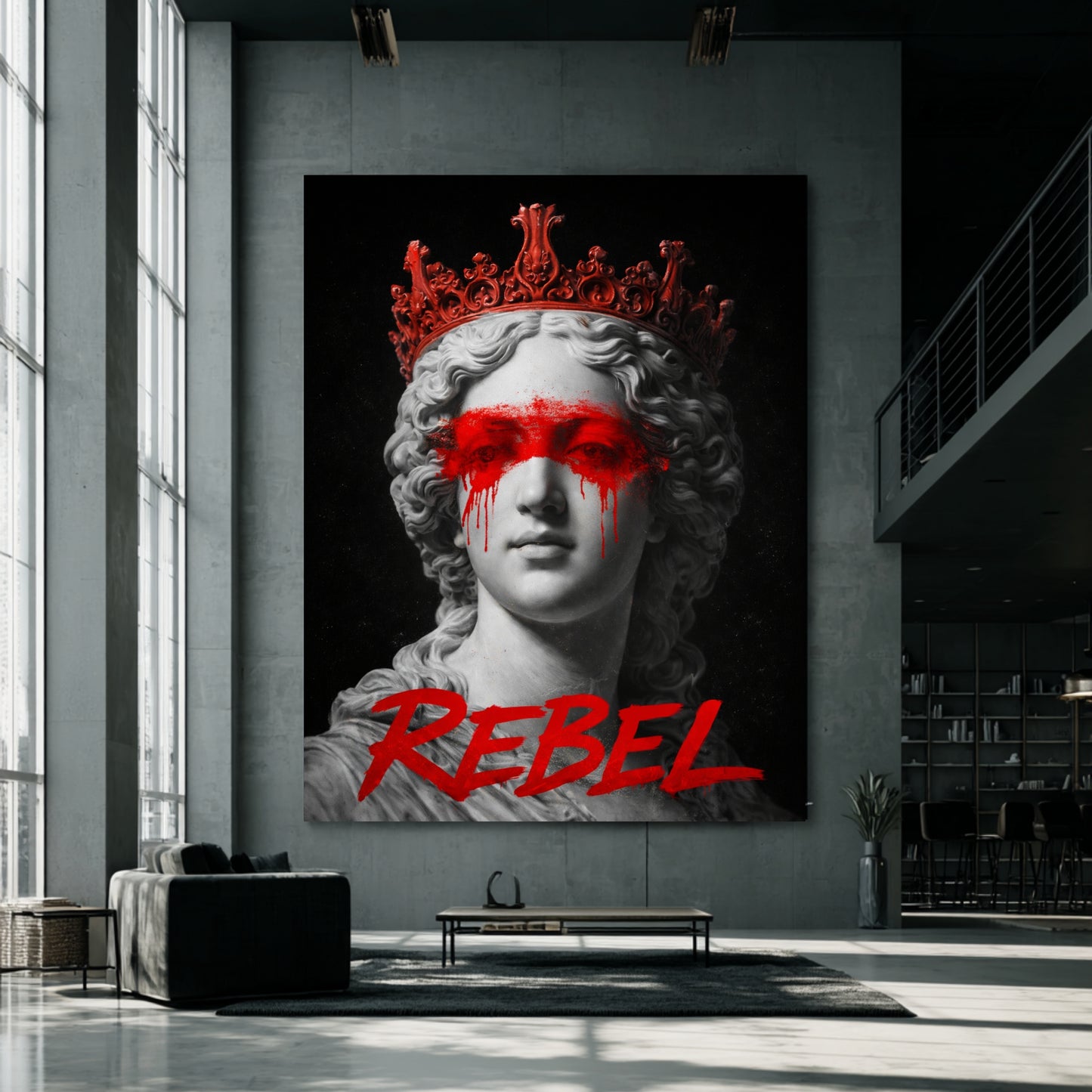 Large rebel classical statue wall art on oversized concrete loft wall, contemporary protest marble bust artwork bold statement decor