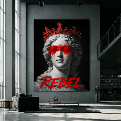 Large rebel classical statue wall art on oversized concrete loft wall, contemporary protest marble bust artwork bold statement decor