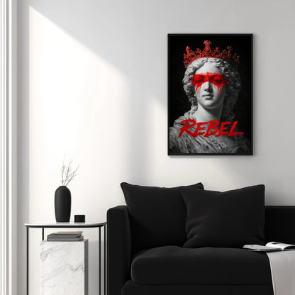 Rebel classical statue artwork above black sofa in minimal white living room, modern protest marble sculpture with red paint statement wall decor