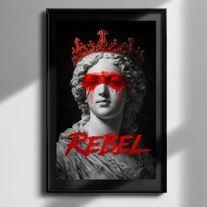 Rebel classical statue artwork framed on dark textured wall, contemporary protest marble female bust with red paint across eyes statement piece