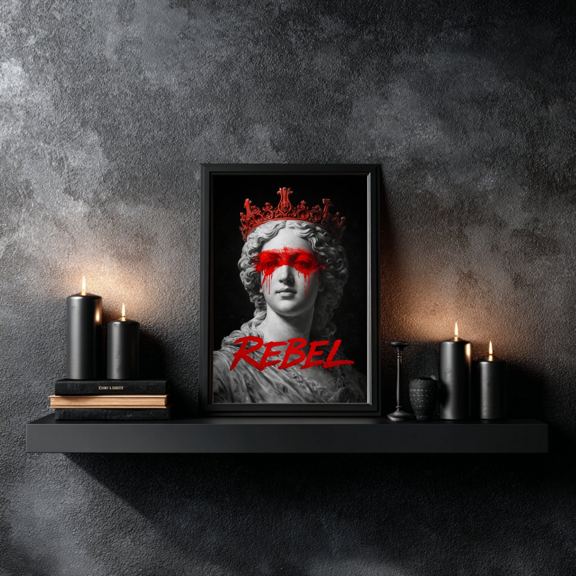 Rebel classical statue wall art styled above floating shelf with candles and books, modern protest marble sculpture portrait with red crown decor